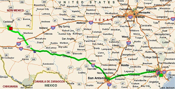 Хьюстон, Техас - Карлсбадские пещеры, Нью-Мексико, 660 миль