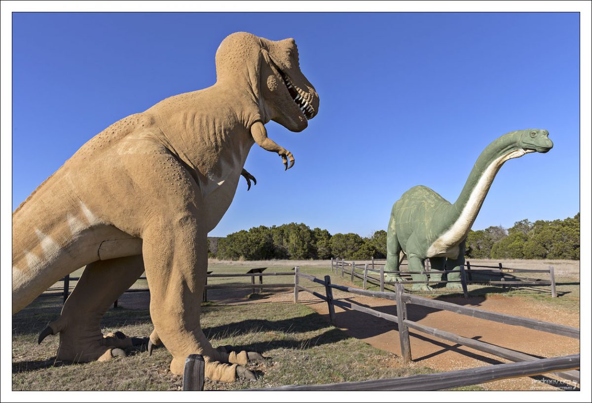 Статуи тираннозавра и апатозавра в техасском парке Dinosaur Valley State Park.