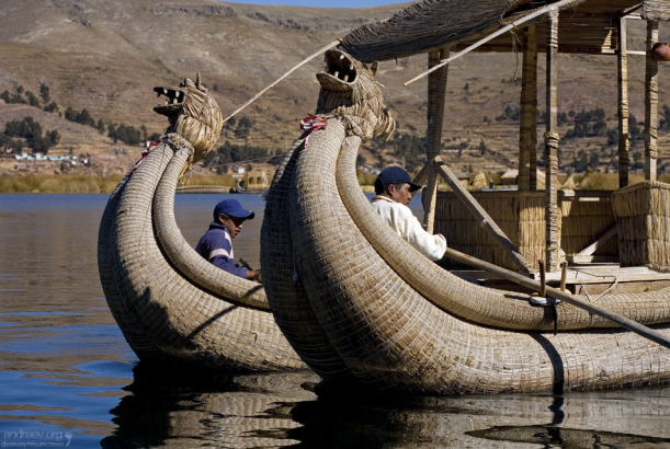 Тростниковые лодки, увенчанные головами пум.