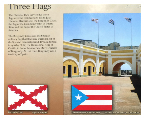 Сегодня над фортом El Morro развеваются флаги Пуэрто-Рико, США и Бургундский крест, которым раньше пользовались испанцы.