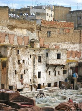 Рабочий день местных красильщиков устроен своеобразно - они работают не по дням, и даже не по часам, а по кускам кожи. Чем больше кусков они покрасят, тем больше денег получат.