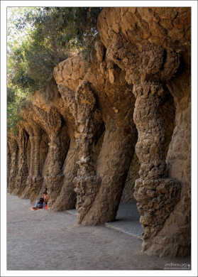 Уличный музыкант среди колонн Гауди.