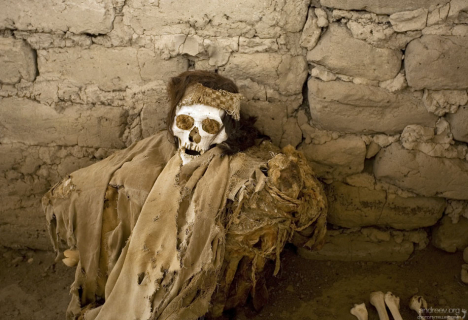 Мумия в одной из могил на кладбище Chauchilla Cemetery.