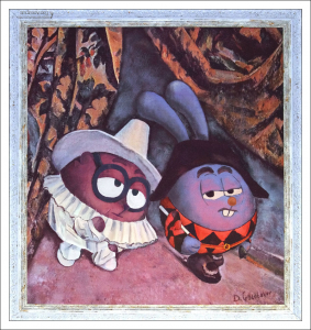 Ёжик и Крош в роли Пьеро и Арлекина с одноименной картины П. Сезанна. Студия компьютерной анимации “Петербург".