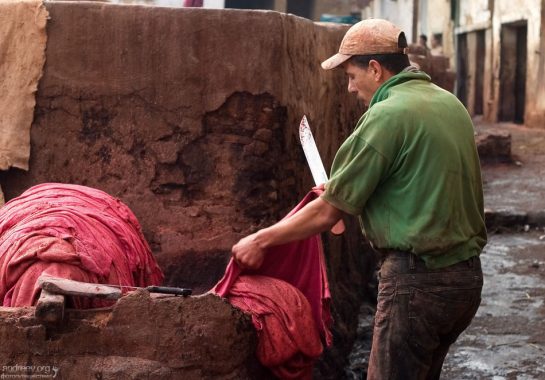 После замачивания, шкуры оказываются в руках у подмастерьев, которые вручную избавляются от остатков шерсти. На их языке это называется «брить товар». Кожевенный кооператив в медине.