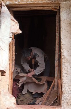 Работник кооператива бреет и разглаживает шкуры.