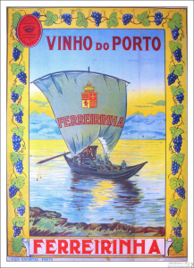 Плакат, иллюстрирующий процесс перевозки бочек с портвейном по реке Дору. Вила-Нова-де-Гайа.