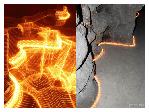 "Нить Ариадны" в туннеле, ведущем к Колодцу Посвящения. (Слева ошибочное, но забавное фото без вспышки :) Кинта да Регалейра.