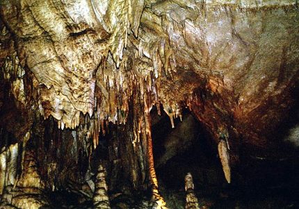 Продолжающие расти сталактиты и сталагмиты. Mammoth Cave, KY. Декабрь, 2000 год.