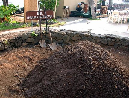 Imu - гавайская земляная печь, где жарится ритуальный дикий кабан. Lu'au (вечеринка на открытом воздухе).
