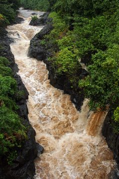 Коричневый поток в узком ущелье после тропического ливня.