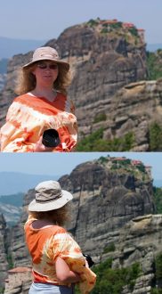 Катя на краешке скалы в Метеорах.