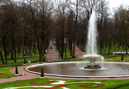 Правый Фонтан-чаша (французский) и парк под дождем.