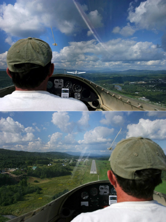 1. Впереди летит самолет, тянущий наш планер за трос на взлете. 2. Самостоятельная посадка планера, без шасси.