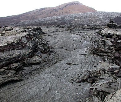 Застывшая лавовая река. На заднем плане расположена Pu'u 'O'o Vent, откуда до сих пор идет извержение в противоположную сторону.