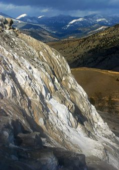 Белые, кальциевые террасы бассейна Mammoth Hot springs.