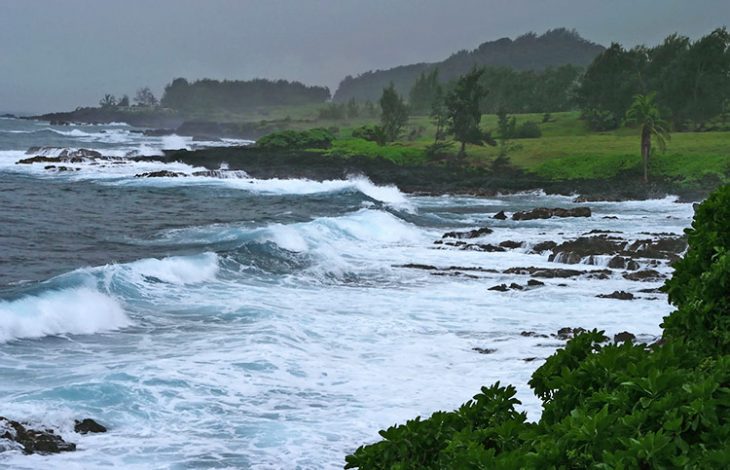 Неспокойный океан у границы парка Wai'anapanapa.