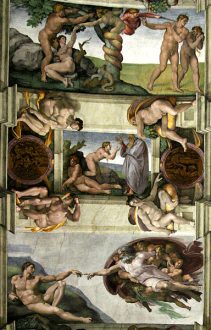 Фрагмент потолка в Сикстинской капелле. Снизу вверх: создание Адама; создание Евы; изгнание Адама и Евы из рая.