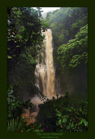 "Секретный водопад". Далеко в джунглях на гавайском острове Мауи спрятался этот водопад. Незадолго до съемки прошел очень сильный тропический ливень, поэтому вода в водопаде приобрела такой коричневатый, земляной оттенок.