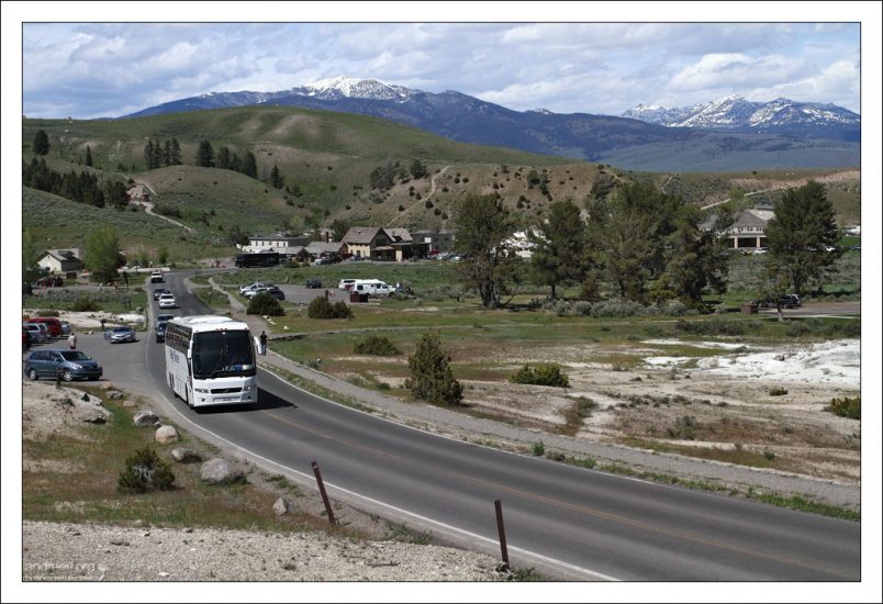 Туристические автобусы на дороге возле Мамонтовых террас.