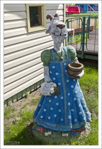 Коза безумного вида в парке аттракционов.