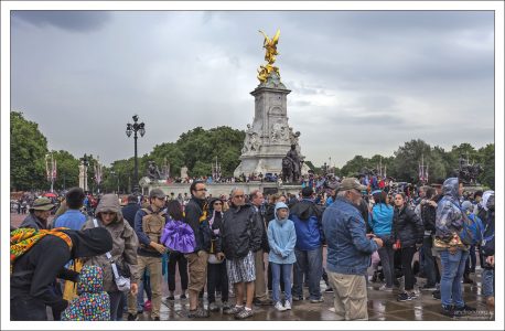 Толпа, скопившаяся в центре Королевского сада перед Букингемским дворцом.