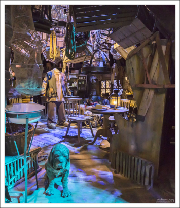 Хижина Хагрида (лесничий в Хогвардсе), как ей и положено по книгам и фильмам, расположена в стороне, между замком и Запретным лесом. Хижина состоит из двух комнатушек: общей комнаты и кладовой.