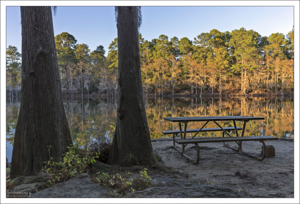 Место для пикника с видом на озеро Каддо.