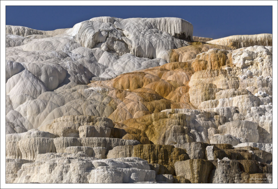 Раньше из горячих источников Palette Spring вытекало намного больше воды,
благодаря чему образовалась обширная оранжево-коричневая пленка
термофильных микроорганизмов на склоне.