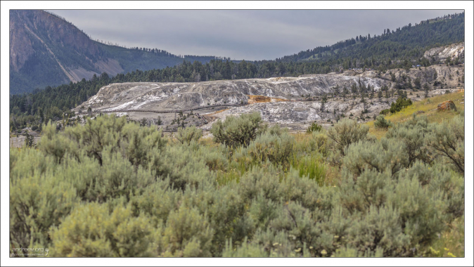 Травертиновый холм Mammoth terraces, видимый через заросли полыни.