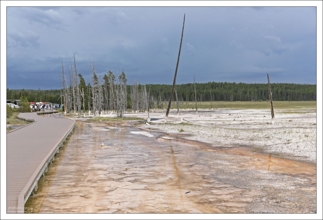 Удобная тропа Fountain Paint Pot Trail, ведущая вокруг грязевых котлов, фумарол, и гейзеров.