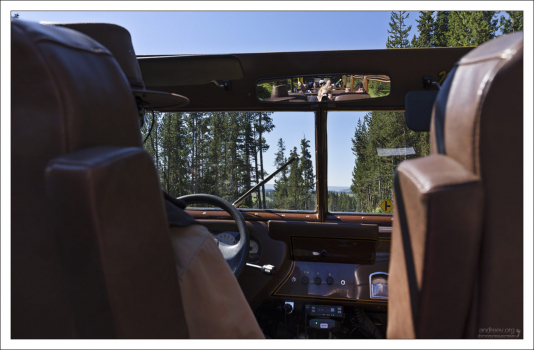 Размеренное движение в винтажном автомобиле по дорогам парка.