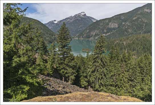 Озеро Diablo lake за деревьями.