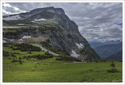 Высокогорное плато над дорогой Going-to-the-Sun Road — живописной горной дорогой в Скалистых горах на западе США, в национальном парке Глейшер в Монтане.