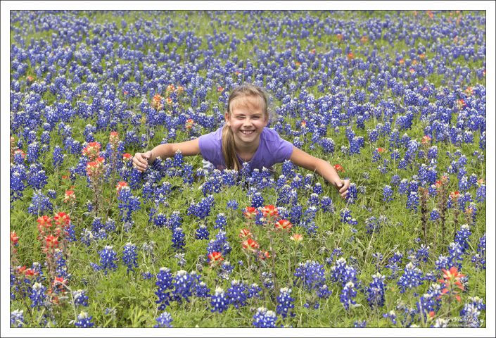 Саша в поле с блюбоннетами.