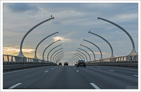 Дугообразные опоры освещения на мостах ЗСД. Формой отсылают к разводным мостам Санкт-Петербурга.