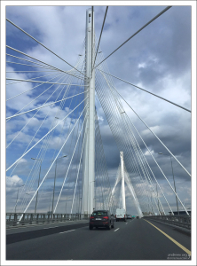 Вантовый мост через Петровский фарватер (устье Малой Невы и Малой Невки).
Пилоны моста через Петровский фарватер размещены в центре разделительной полосы проезжей части, а ванты расходятся в разных плоскостях — такое переплетение вантов придаёт мосту оригинальный воздушный облик.