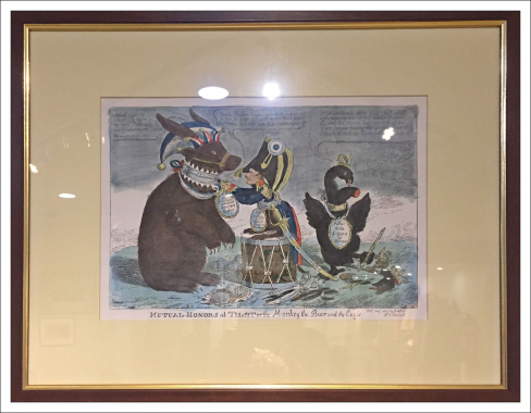 Обоюдные почести в Тильзите, или Мартышка, Медведь, и Орел. Раскрашенная гравюра Уокера. Англия, 1807 г.