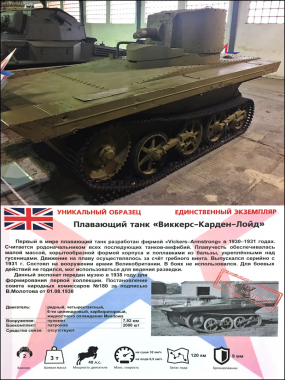 Легкий танк-амфибия Виккерс-Карден-Лойд.
Представлял собой серию британских экспериментальных легких танков периода до Второй мировой войны.
Танки не были приняты на вооружение Великобритании, но были проданы ряду других стран (СССР, Китай, Таиланд).