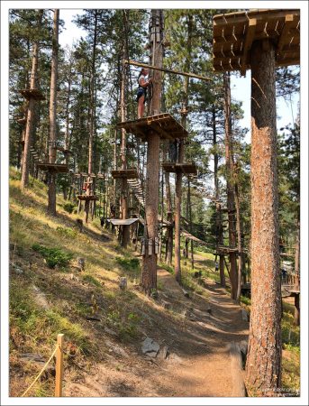 Саша на платформе во время прохождения веревочного курса в парке Aerial Adventure Park.