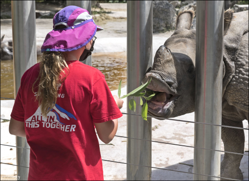 Саша кормит носорога в зоопарке Майями, Флорида.