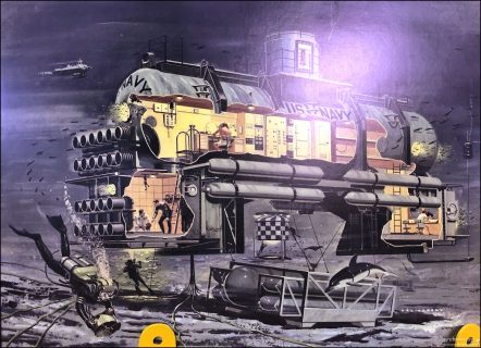 Рисунок подводной лаборатории Sealab, выполненный художником Эдом Валигурски для журнала Popular Mechanics. Художник специализировался на очень детализированных техноклассических рисунках: подводных лодках, самолётах, батискафах, ракетах.