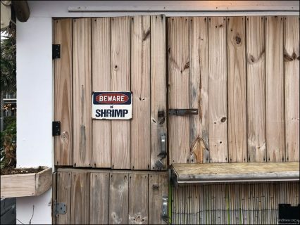 Надпись на ставнях киоска: "Бойтесь креветок!"