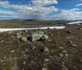 Скалистая высокогорная пустыня вдоль дороги Aurlandsfjellet, где снег лежит даже летом.