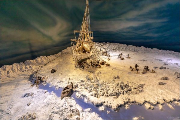 Жизнь в ледовом лагере. Историческая диорама в музее, детально воссоздающая многолетний дрейф «Фрама» в Арктике.